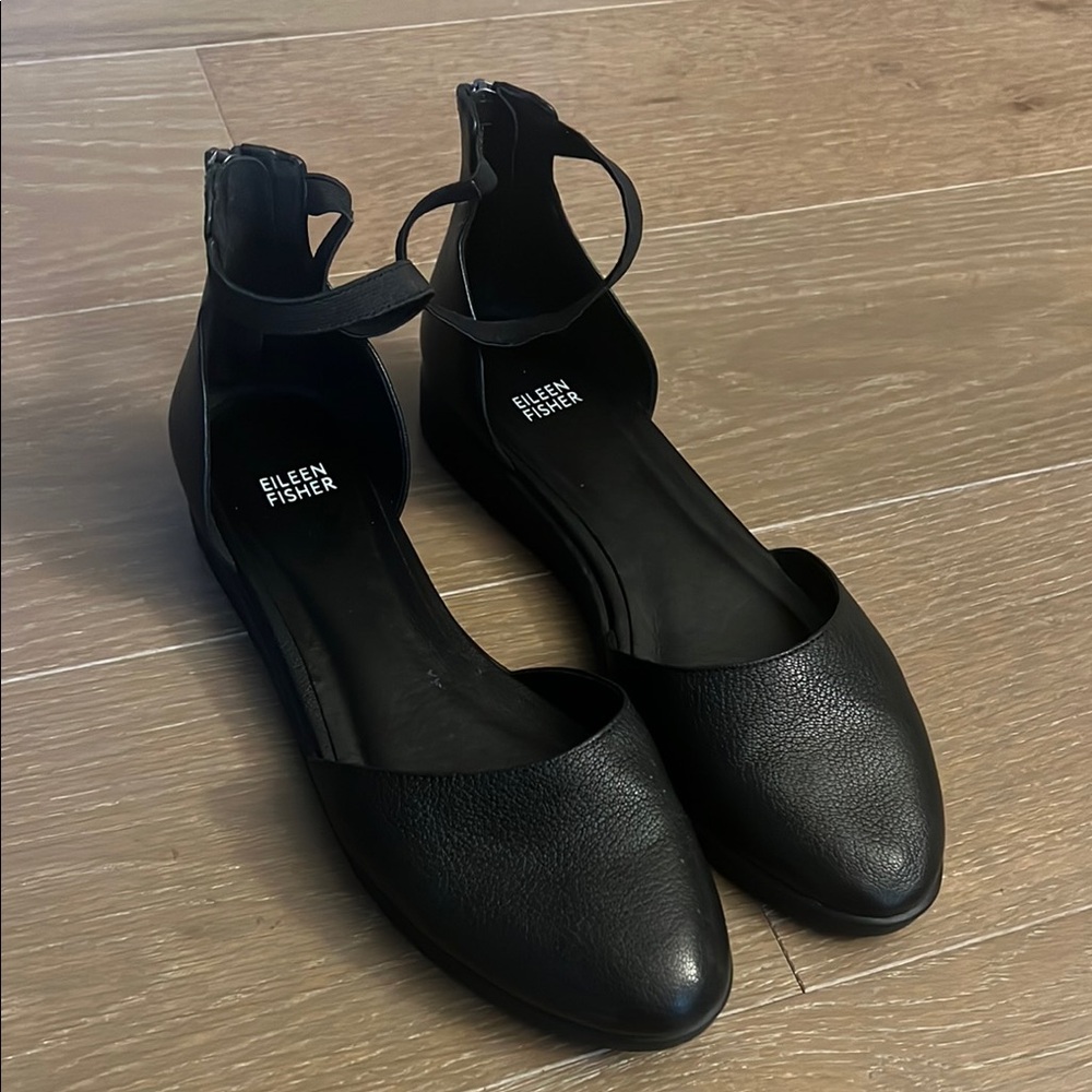 Eileen Fisher Emmet Zip Ballerina Black Leather Flats | 10